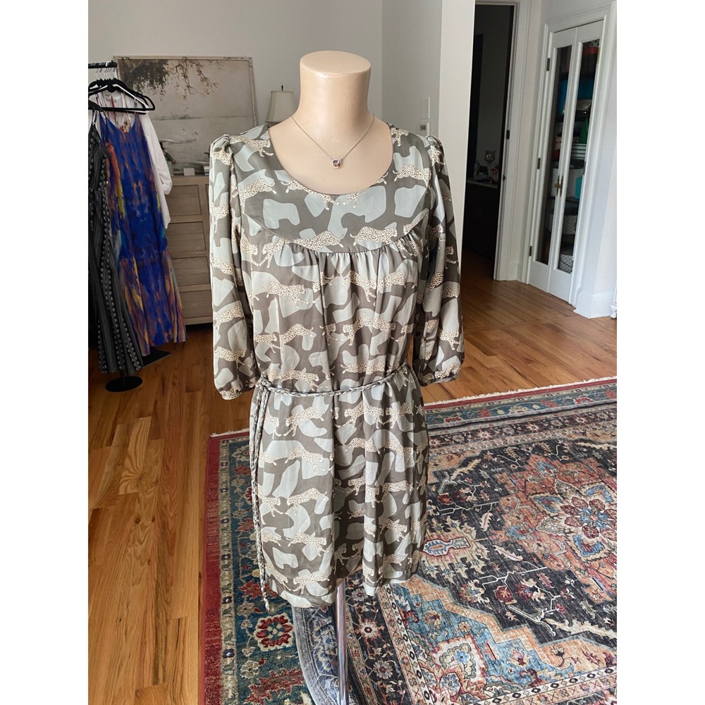 Love 21 Womens Leopard Camo Print Mini Dress Olive Grey 3/4 Sleeve Small